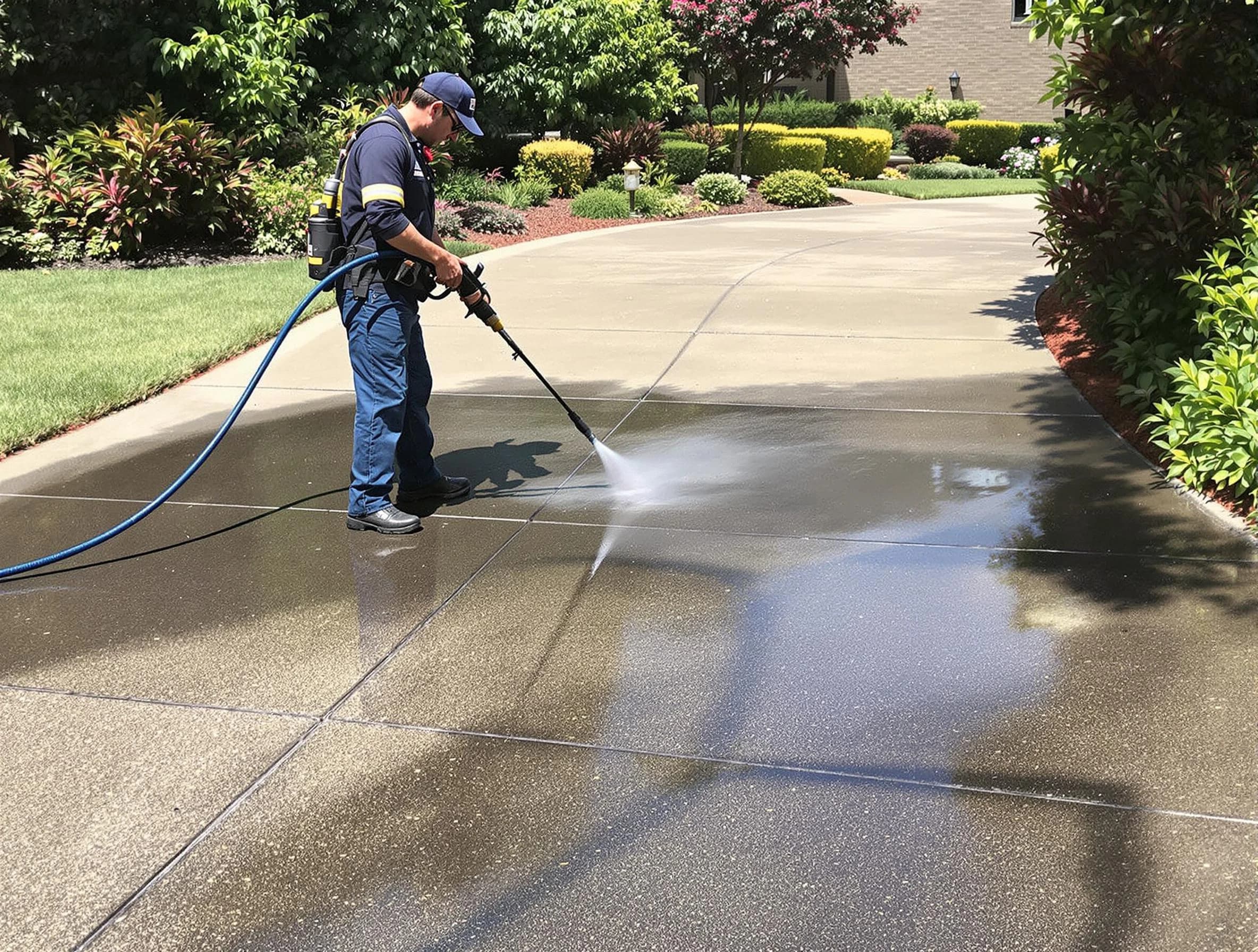 Experienced Barberton Power Washing team member pressure washing a driveway in Barberton